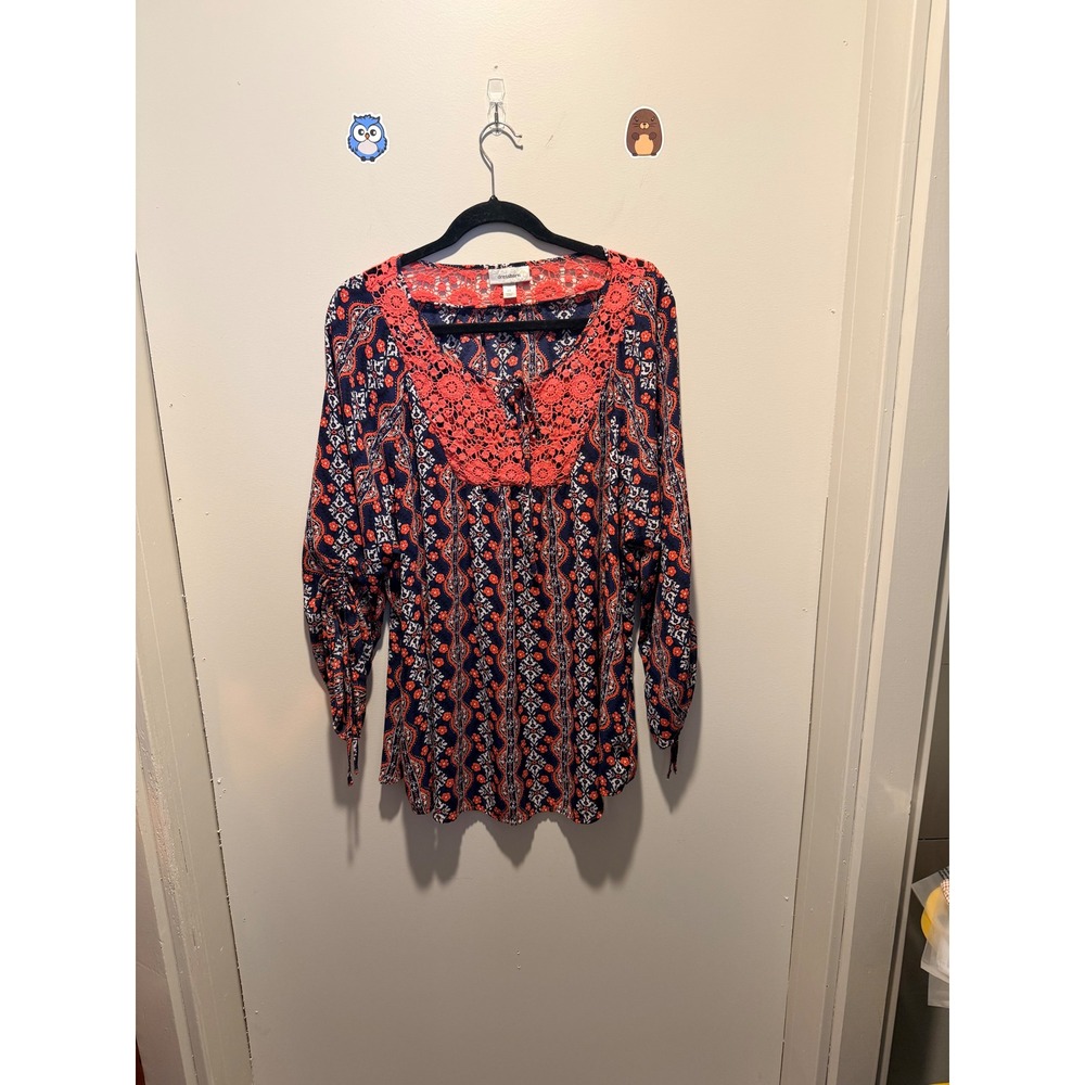 Crocheted‎ Womens 2X Navy Coral Paisley Crochet Lace V-Neck Boho Peasant Blouse